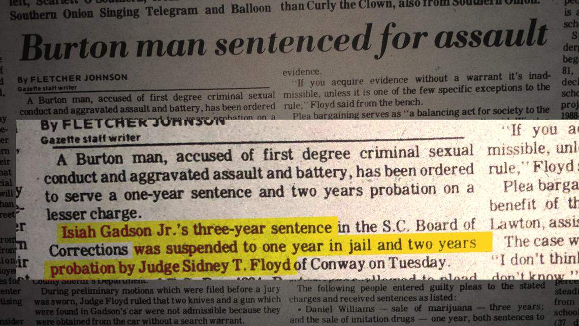 A photo illustration of a Beaufort Gazette news clipping from July 13, 1983 in which Isaiah Gadson Jr. received a lesser charge for criminal sexual assault.