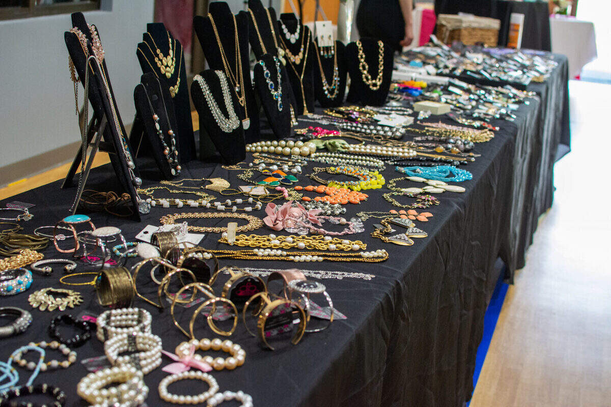 Accessory table at a previous Junior Service League Prom Boutique, an event which collects gently used dresses and accessories for area high school girls preparing for the prom.