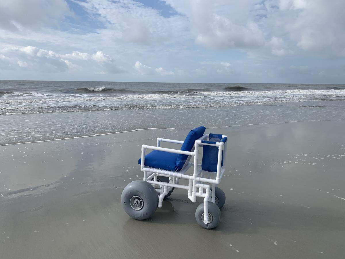 A beach wheelchair sits on Hilton Head Island. The town’s new beach wheelchair program makes it easier for people with disabilities to access the beach, according to town officials.