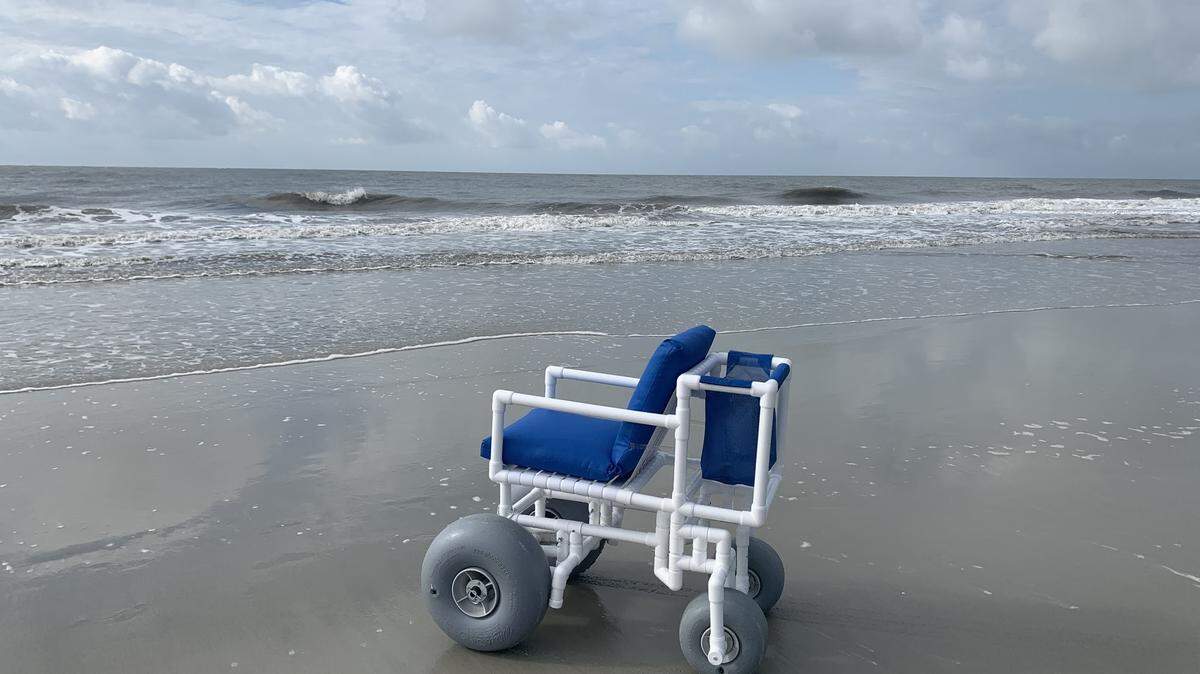 A beach wheelchair sits on Hilton Head Island. The town’s new beach wheelchair program makes it easier for people with disabilities to access the beach, according to town officials.