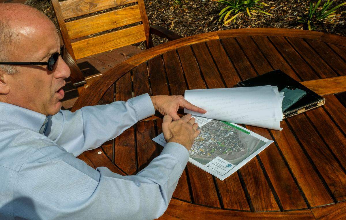Neal Pugliese, now a contractor with the City of Beaufort, talks about the plan to address flooding problems in Beaufort’s Historic District on Friday, Feb. 4, 2022 at Henry C. Chambers Waterfront Park. A public meeting will be held at 10 a.m. Friday, Feb. 18, 2022 in the council chambers at city hall for residents to learn about the drainage study.