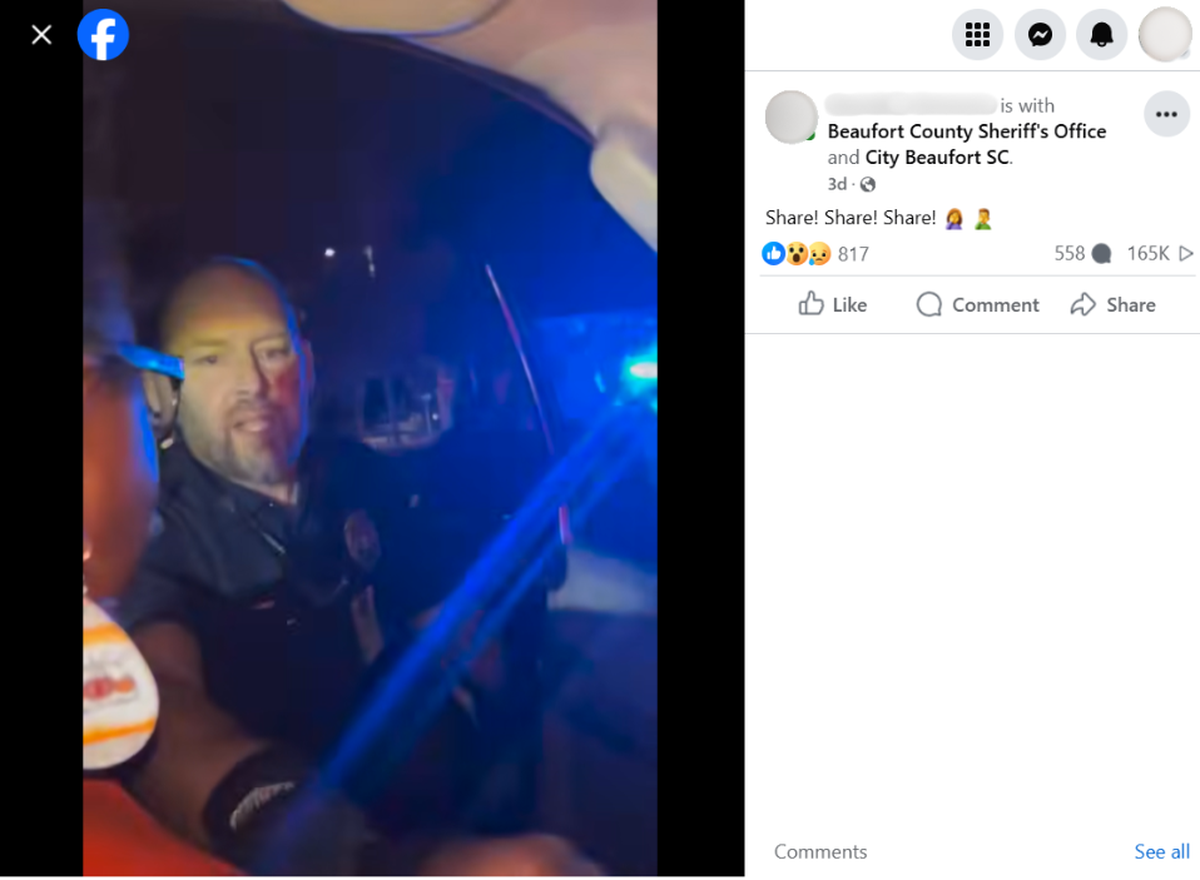 A screenshot of a video shared on social media shows a Beaufort police officer before he was seen pulling a woman out of the driver’s seat of her vehicle. The clip was shared over 2,000 times and prompted accusations that the officers used excessive force.