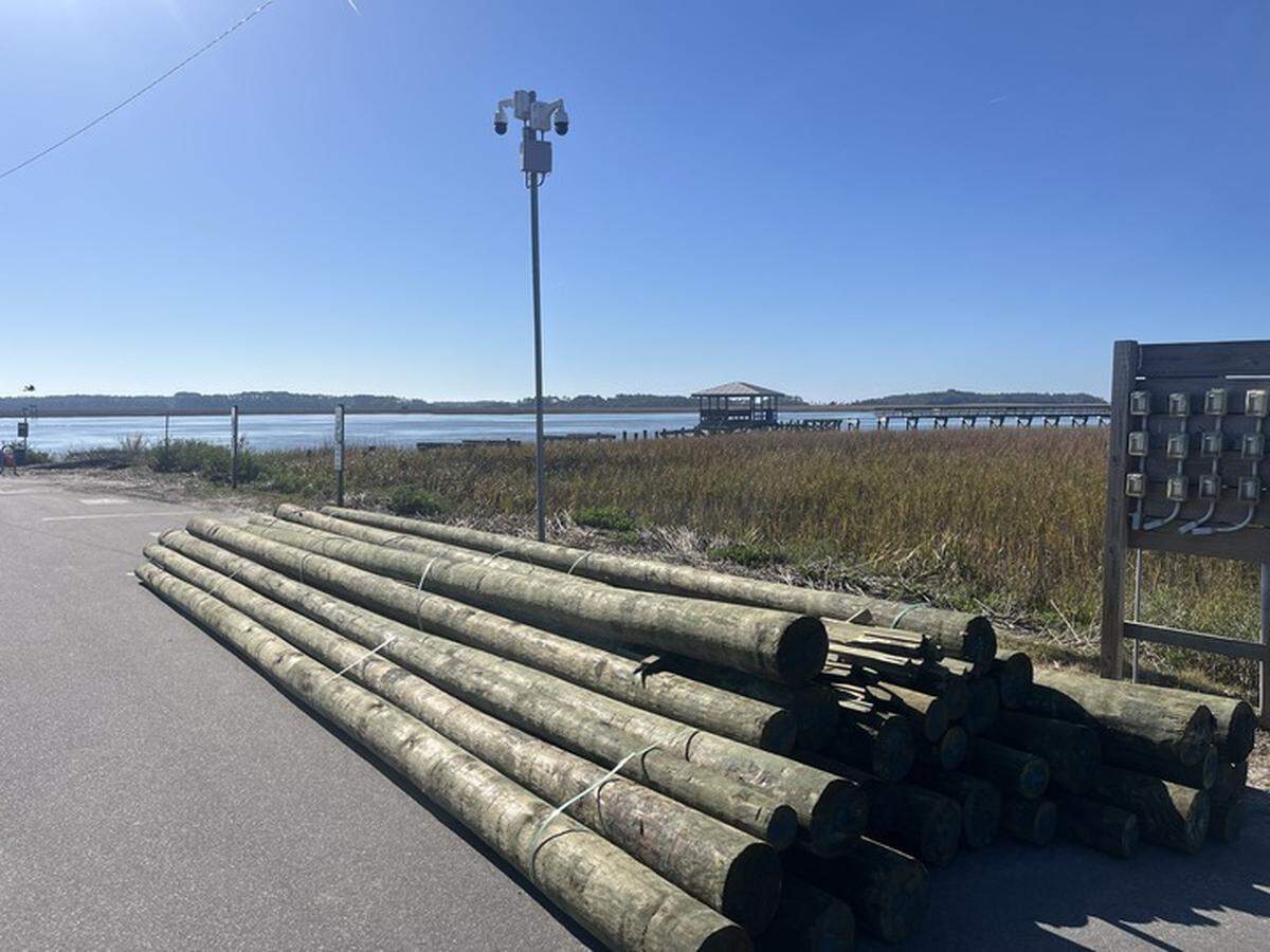 These pilings will be used in the repair of the Henry Robinson Boardwalk along Battery Creek in Port Royal, which was heavily damaged in September by Tropical Storm Helena.