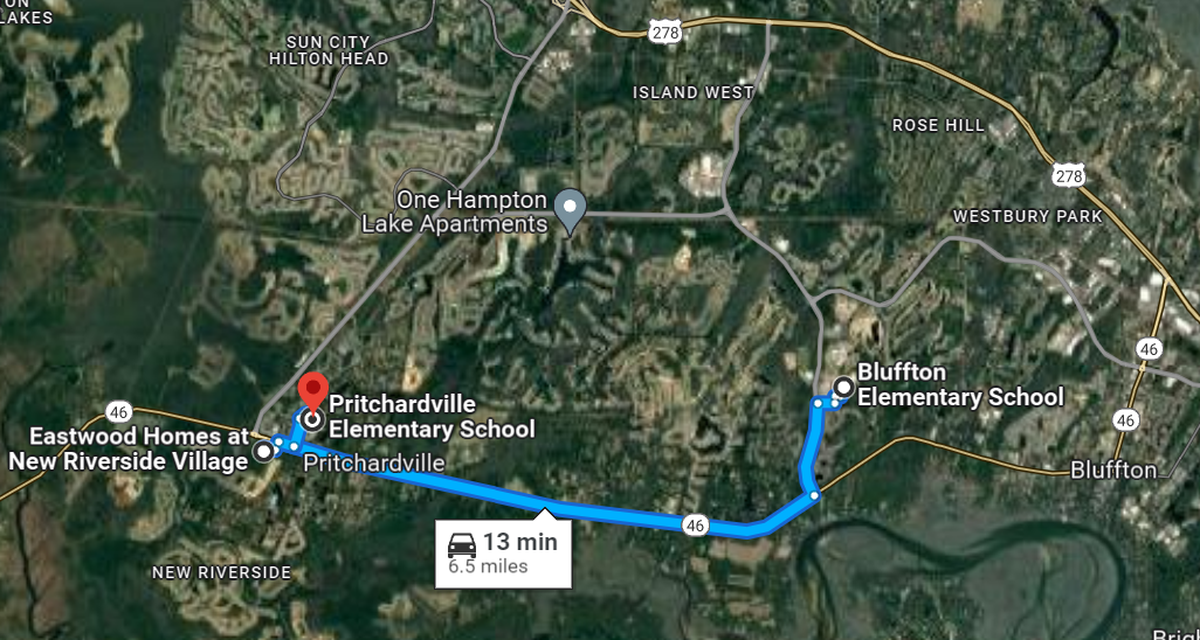 Students will likely take the bus from New Riverside Village to Bluffton Elementary, despite Pritchardville Elementary being across the street.