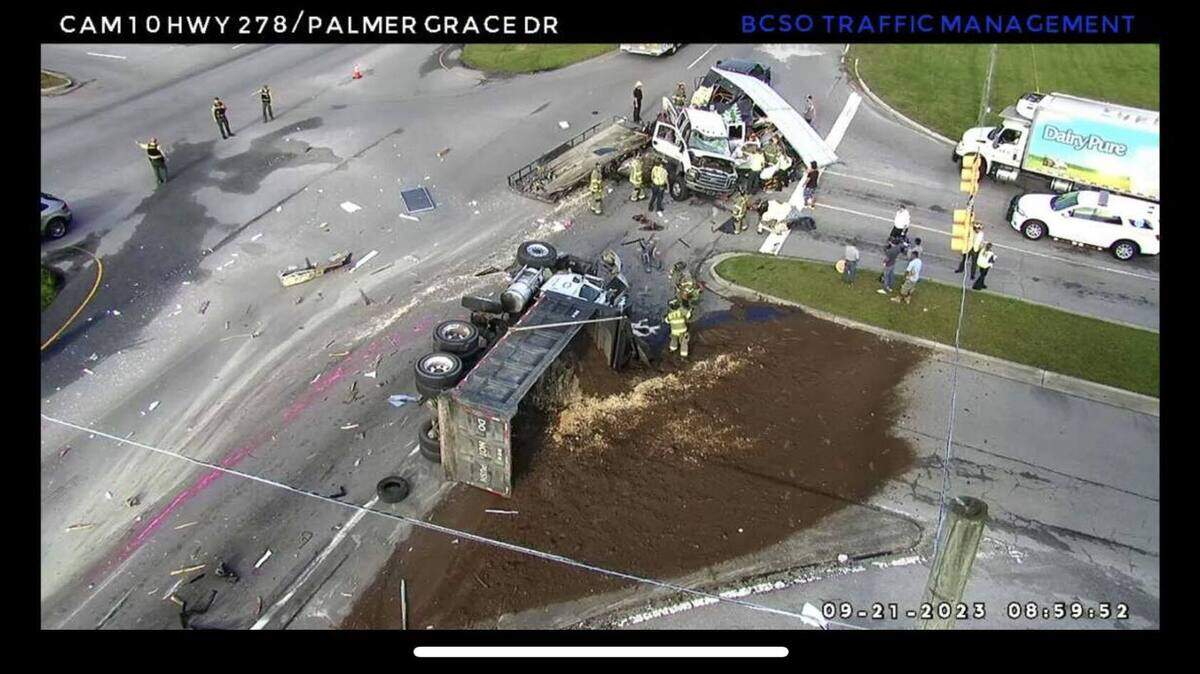 A five vehicle crash involving a dump truck and two pickups with trailers, caused a temporary closing of Highway 278 Thursday morning. Provided