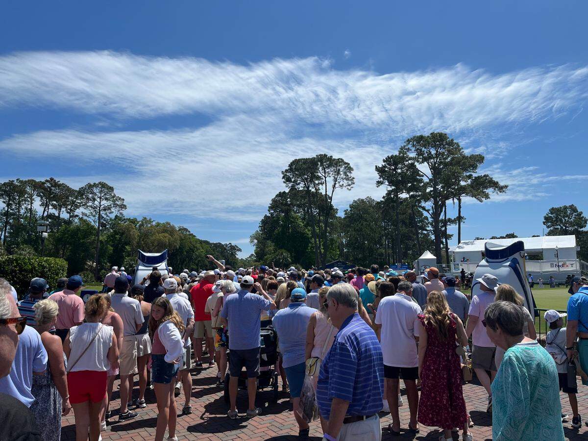 Crowds gathed to watch players tee off Sunday, April 17, 2022, at RBC Heritage Presented by Boeing on Hilton Head Island.