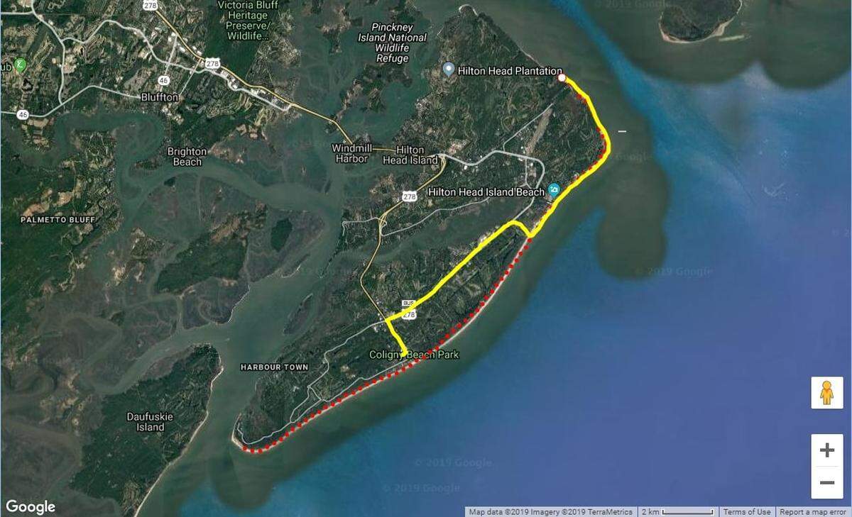 A lesson in expectations versus reality: The red dotted line represents our anticipated route to bike all 12 miles of Hilton Head’s beaches. The yellow line represents what we actually did.