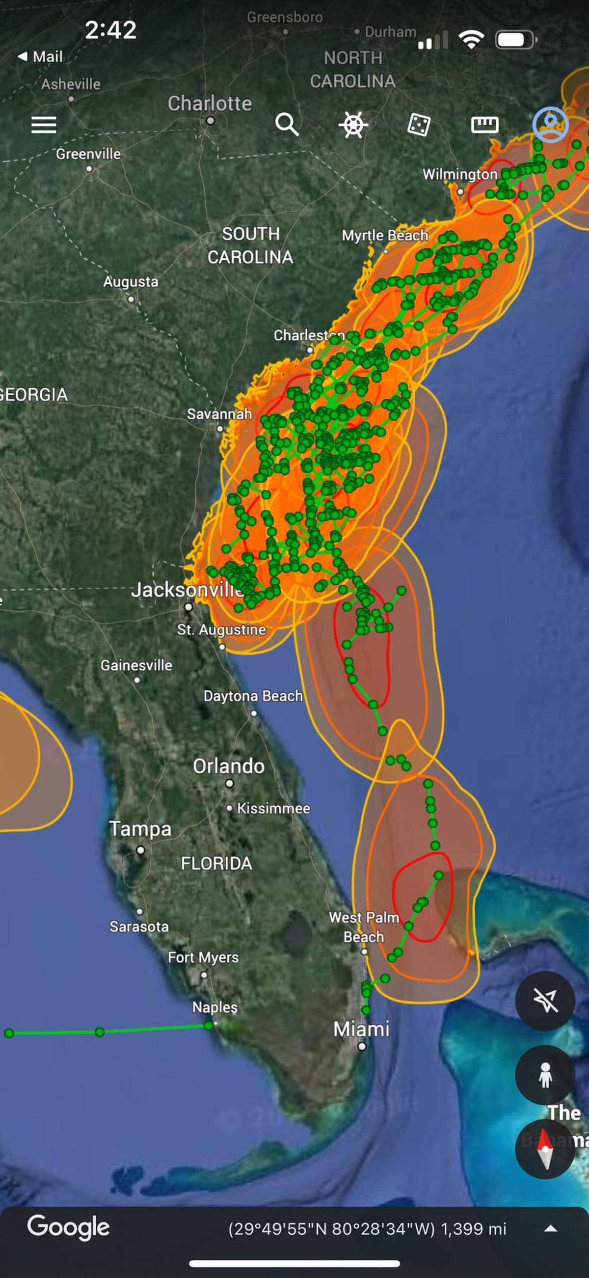 A partial map of all the places the great white shark, Grace, pinged when she arrived. In 2020, the shark tagged off Hilton Head Island by Charter Captain Chip Michalove showed a journey of about 4,000 miles in 15 months.