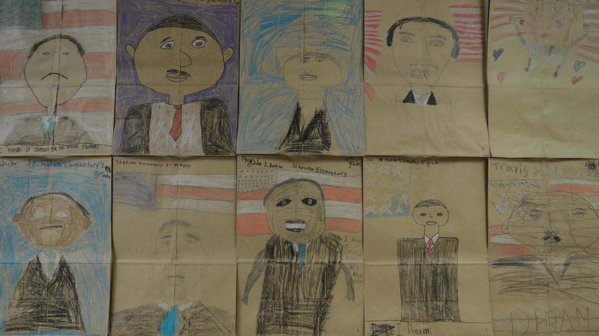 Students in Margaret Thomas' art classes at St. Helena Elementary School decorate grocery bags with portraits of Dr. Martin Luther King Jr. for distribution to customers on Dr. Martin Luther King Jr. Day at the nearby Publix grocery store. For more on this project, visit http://bit.ly/MLKJrBags