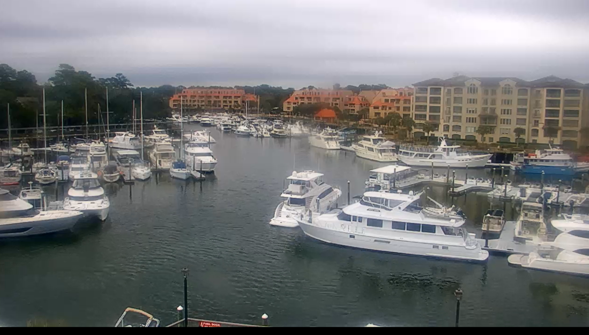 A screenshot from the Palmetto Dunes webcam of the Shelter Cove Marina Saturday, Jan. 31, ahead of expected snow.