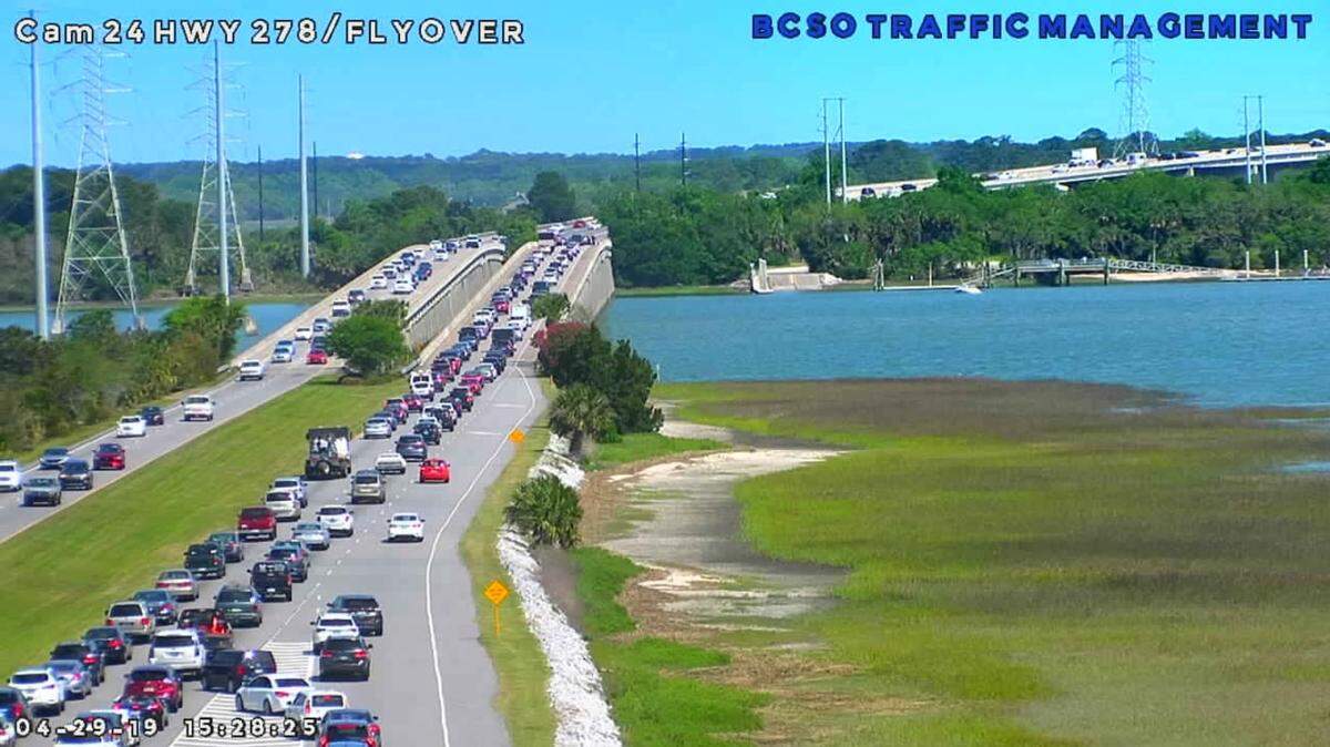 Eastbound traffic is still moving slowly across the Hilton Head bridges and Bluffton flyover after a lane was closed on U.S. 278 Monday afternoon for a bridge inspection. Both lanes were open as of 3:35 p.m. Monday.