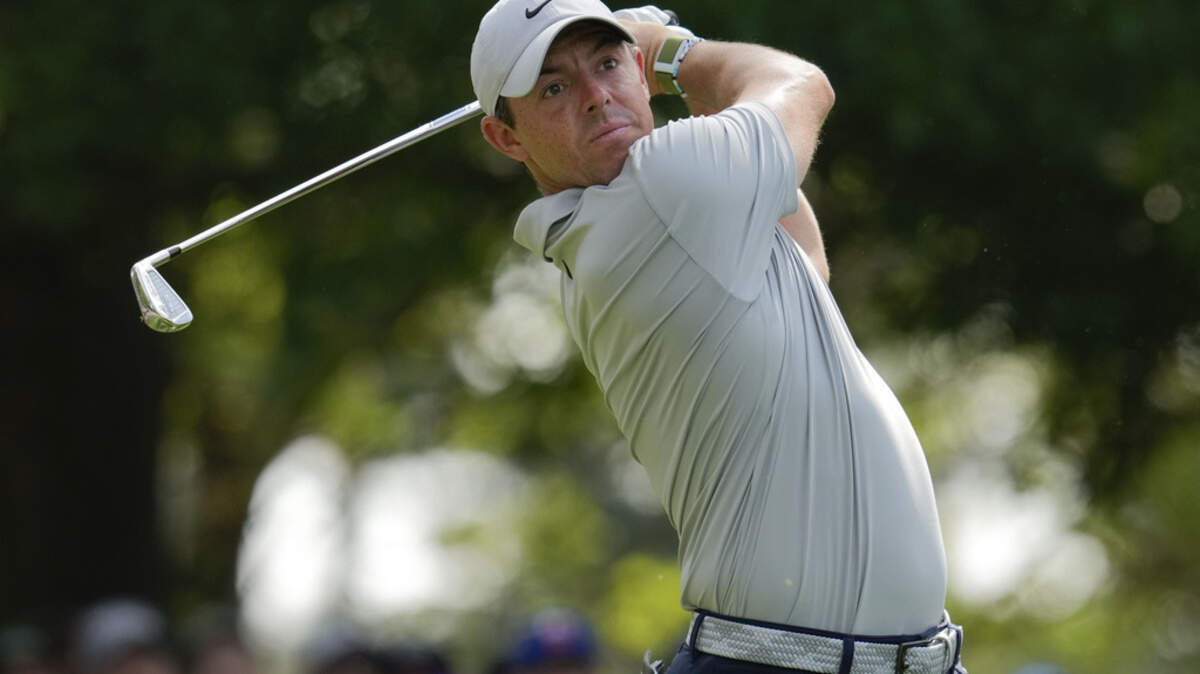 Rory McIlroy, of Northern Ireland, watches his tee shot on the fourth hole during the second round of the Masters golf tournament at Augusta National Golf Club on Friday, April 7, 2023, in Augusta, Ga.