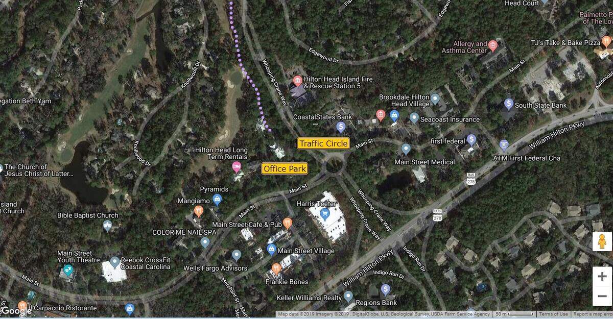 A bike pathway shown in purple on Whopping Crane Way in Hilton Head Plantation abruptly ends in the Main Street Office Park Parking lot. This week, the owner of the office park put up a fence to stop cyclists and pedestrians from using the path.