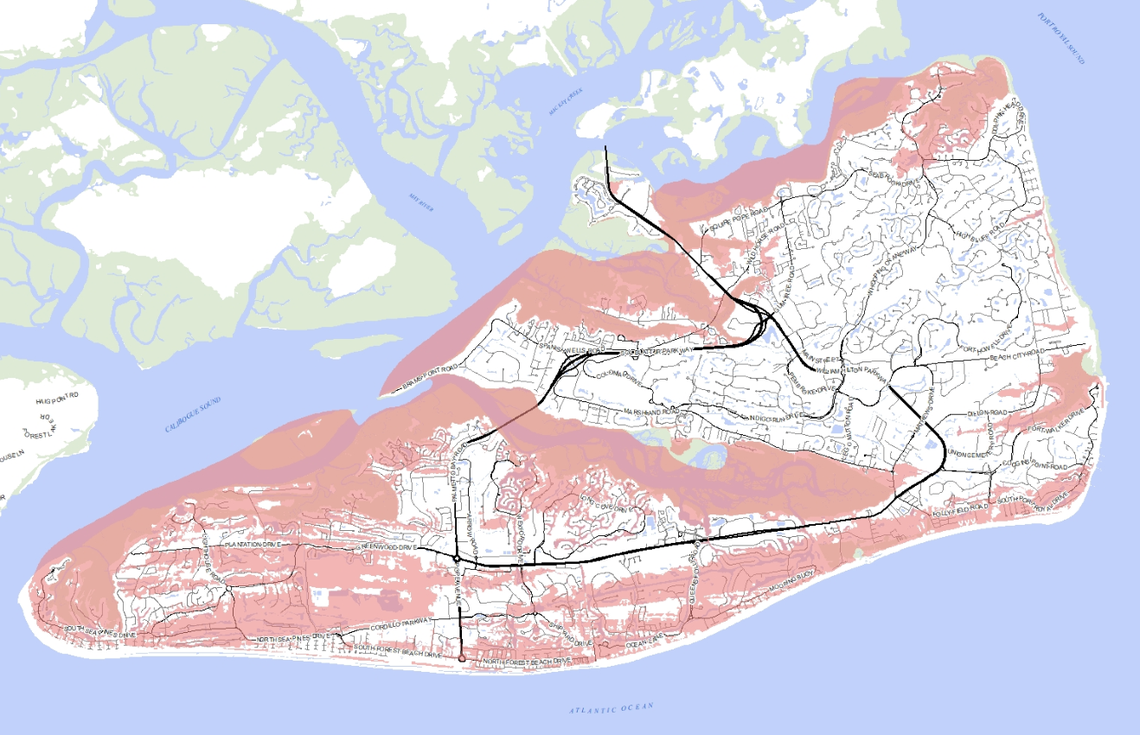 Areas shaded in red are considered low-lying and are most at risk of flooding during heavy rainfall.