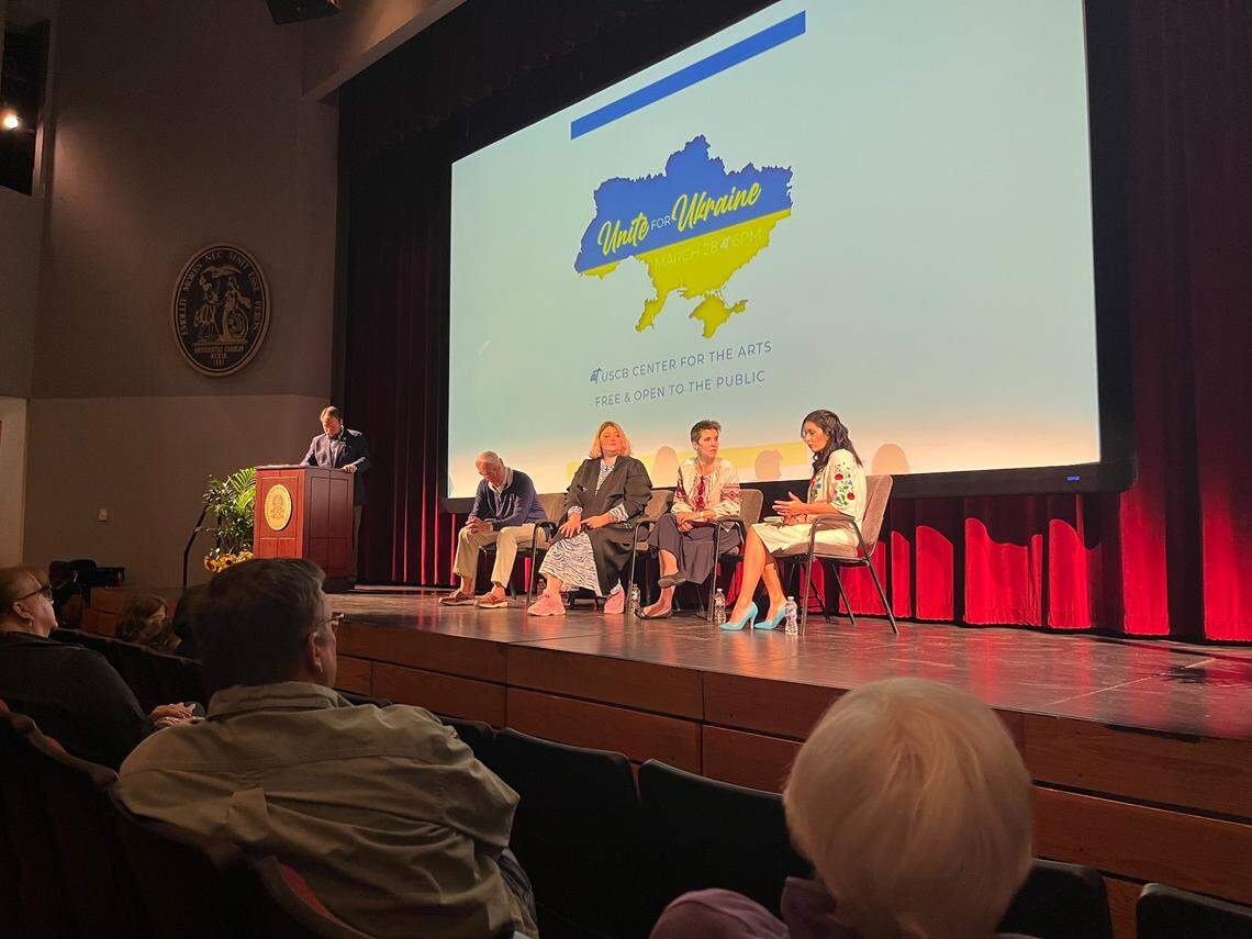 The City of Beaufort and the University of South Carolina Beaufort presented discussion on the Russian-Ukraine War Monday featuring, from left, Dr. Kevin Dopf, a professor of political science at USCB and retired Army officer who taught at the U.S. Army Command & General Staff College; Julie Siebold, who taught English to students in Ukraine; Tatiana Tatum, a USCB student and artist who is from Russia, and Inna Lanigan of Beaufort, a Ukrainian national whose family still lives in Ukraine.