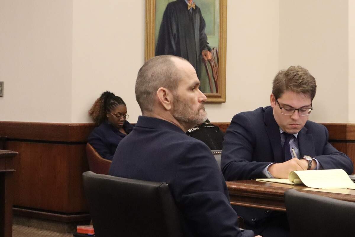 Former Bluffton resident James Ethridge Jones, 45, looked toward the witness stand in the Beaufort County Courthouse on Aug. 26, 2025, as the victim in his sexual assault trial testified about his long history of abuse. Jones was found guilty of two felony sex crimes involving minors and was sentenced to about 22 years in prison.