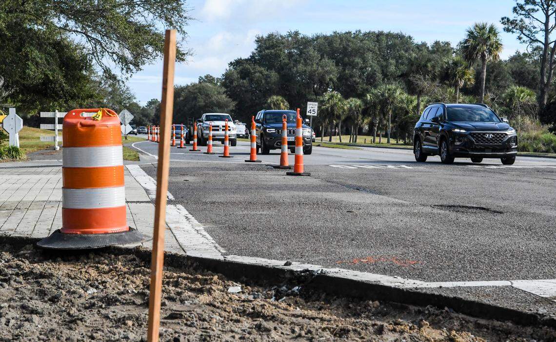 The right turn lane is seen closed on Monday morning as U.S. 278 traffic moves eastbound at the entrance to Shelter Cove Lane on Hilton Head Island. Crews are redeveloping the intersection as part of the Shelter Cove Area Intersection Improvement Project.