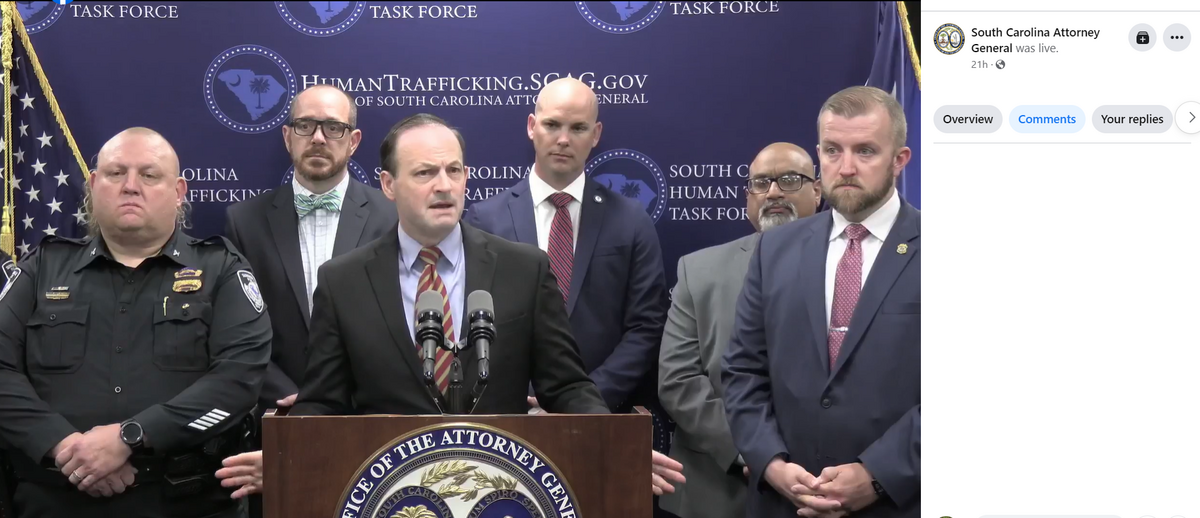 Screenshot from a multi-agency press conference where arrests were announced on Monday, April 25, 2022 in a human trafficking sting across South Carolina. Several arrests occurred in Hardeeville by the Hardeeville Police Department involving residents of Beaufort and Jasper Counties.