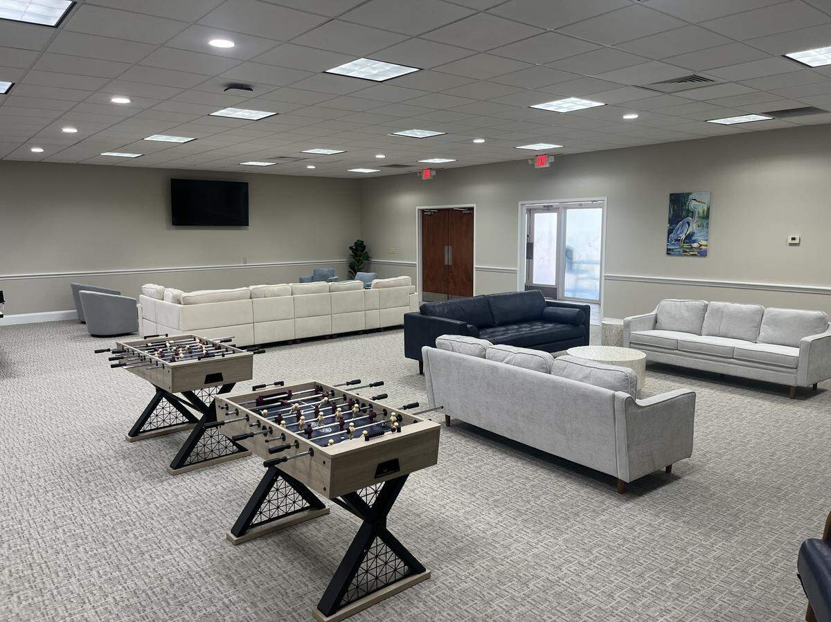 The game room at The Pearl has foosball, ping-pong, pool and arcade basketball.