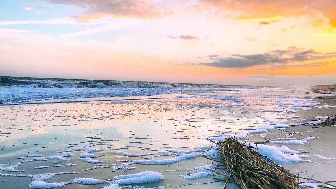 HIlton  Head's Sea Pines Beach pictured at sunset as spartina grass clutters the shore.