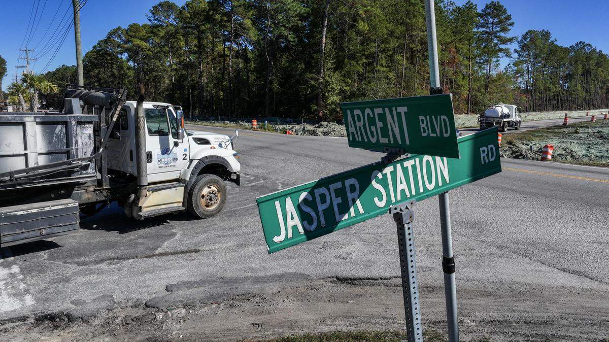 Work continues on straightening the intersection of Argent Boulevard, Jasper Station and Short Cut roads as photographed on Nov. 18, 2025. The City of Hardeeville reports the re-configured intersection will soon have a four-way traffic signal.