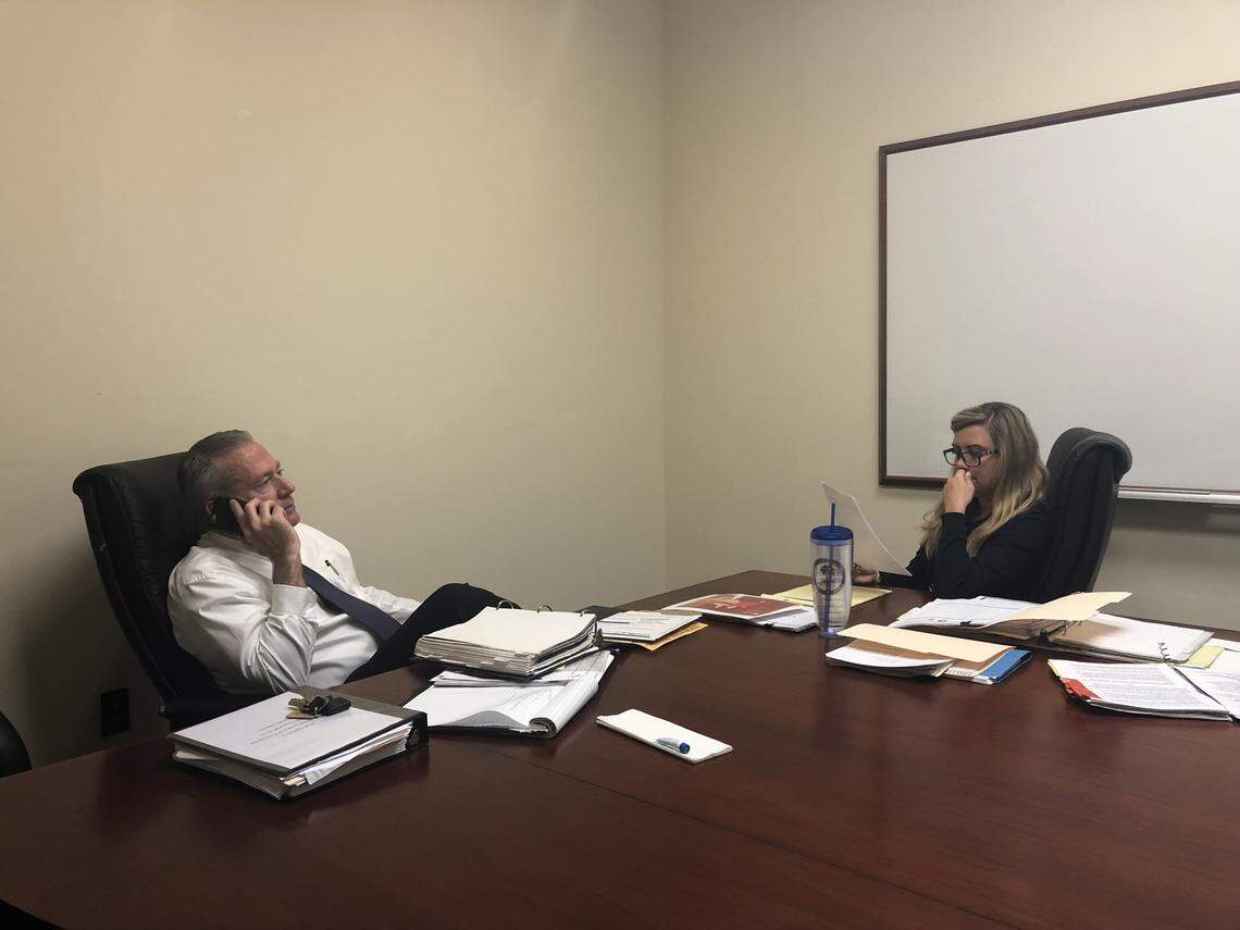 Beaufort County Sheriff’s Office cold case detective Maj. Bob Bromage and Hunter Swanson, lead prosecutor of the special victims unit of the 14th Circuit Solicitor’s Office, meet to discuss the case against Isaiah Gadson on May 1, 2018, at the 14th Circuit Solicitor’s Office in Okatie.