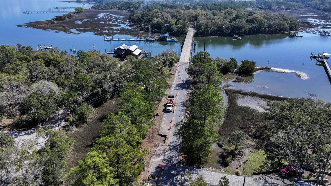 This photo taken by a drone shows the repairs being made to a washout on Sams Point Road near the Coosaw River Bridge connecting Lady’s Island to Coosaw Island. Traffic was reduced to one lane.