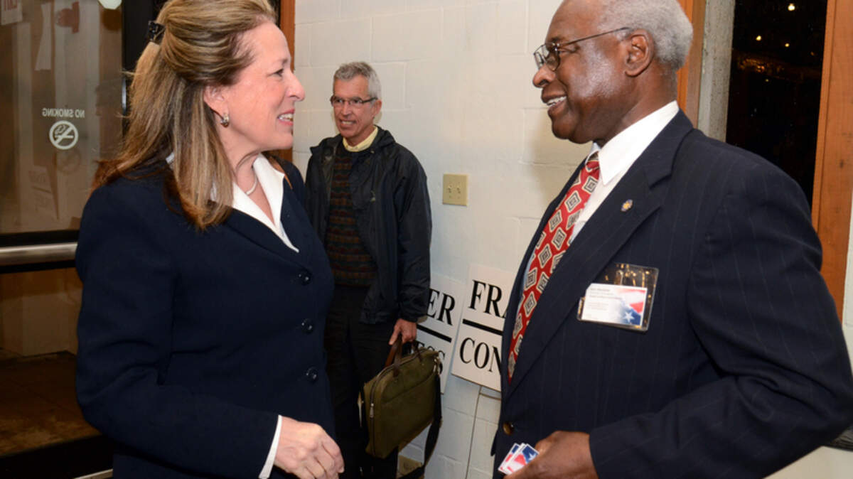 In this file photo, Democratic candidates for the 1st Congressional District seat -- Elizabeth Colbert Busch and Ben Frasier -- greet  each other before the start of a candidate forum in  Okatie.
