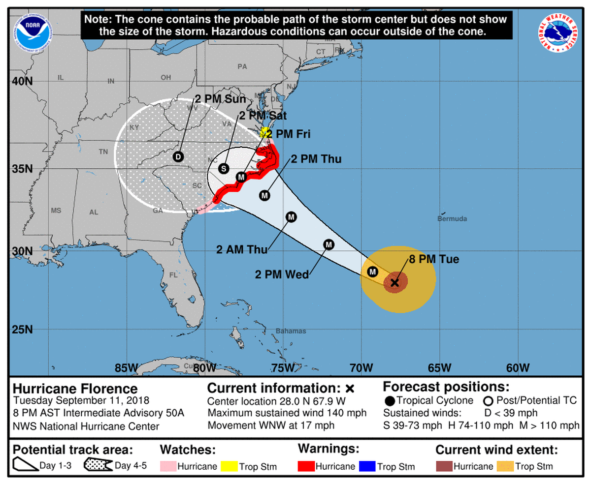 A map of the 8 p.m. update on Hurricane Florence from the National Weather Center