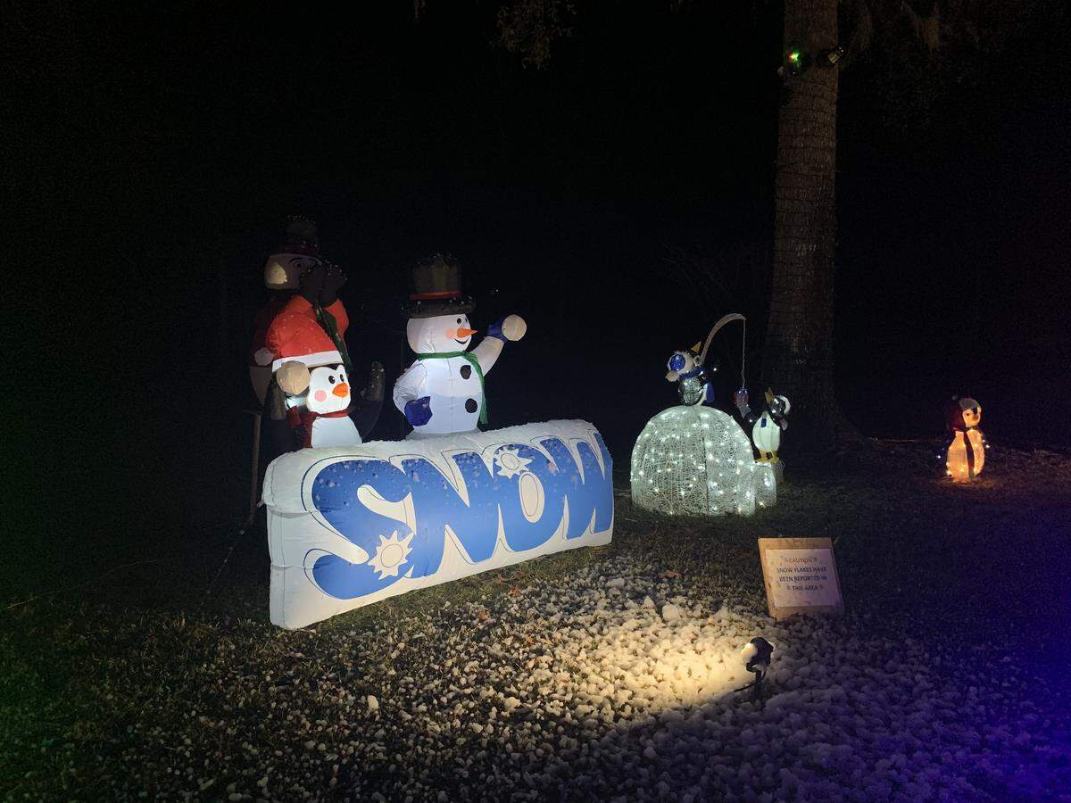 The Springfield Road three-family collaborative light display includes a snow machine that blows fresh snow into the air.