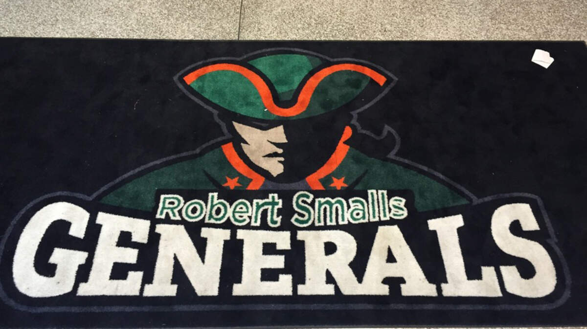 The Robert Smalls International Academy logo appeared on a mat, since removed, just inside the school entrance. A group is working on replacing the emblem, which some in the school community said did not properly represent the legacy of Smalls.