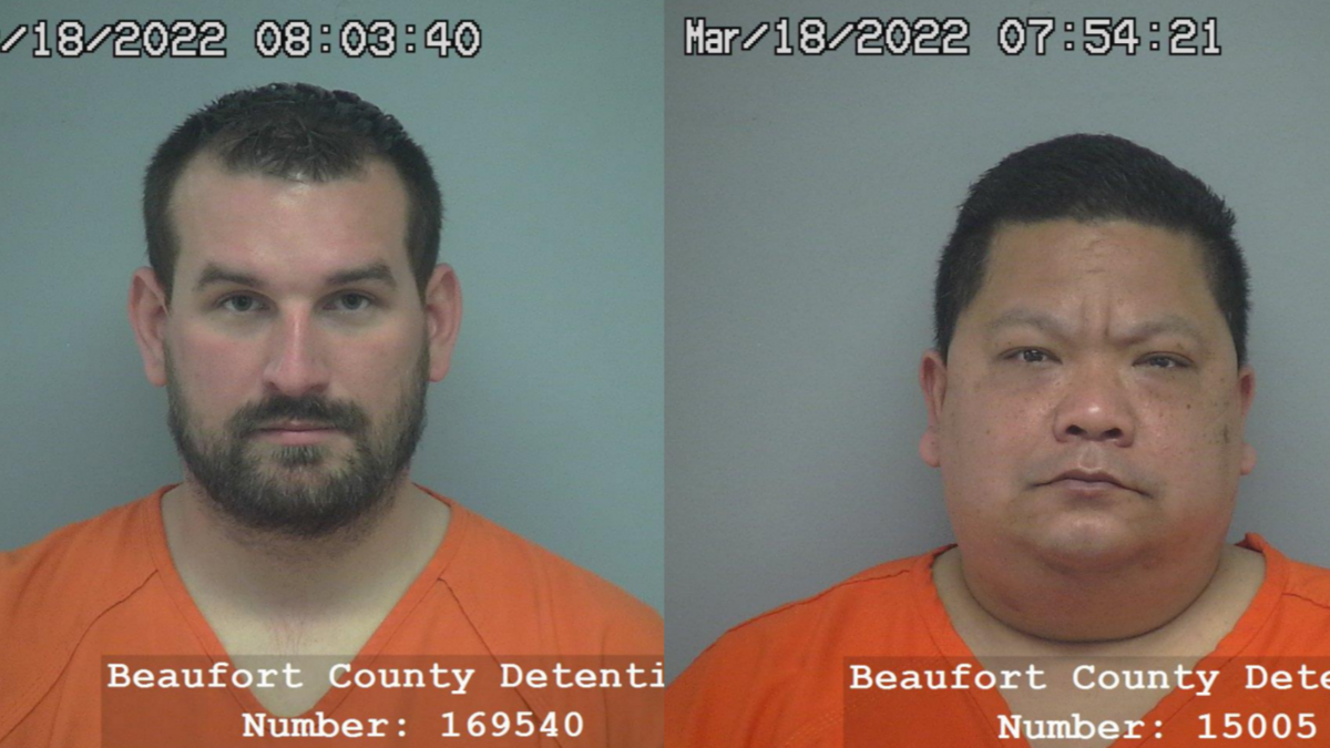 Hunter Emanuel Howard (left) and Andrew Daniel Doty (right), both of Bluffton, are Sea Pines security officers and face charges for attempting to poison a supervisor’s coffeemaker with eye drops, according to the Beaufort County Sheriff’s Office. They were booked into the Beaufort County Detention Center on Friday, March 18, 2022.