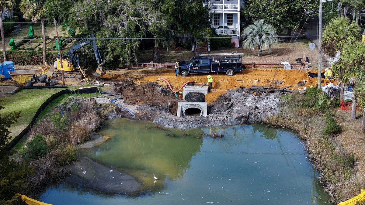This file photos shows crews replacing aging stormwater infrastructure in The Point, a historic neighborhood in the City of Beaufort, on Jan. 30, 2026. Stormwater piping that was removed can be seen stacked on the left side of the photo near the excavator.