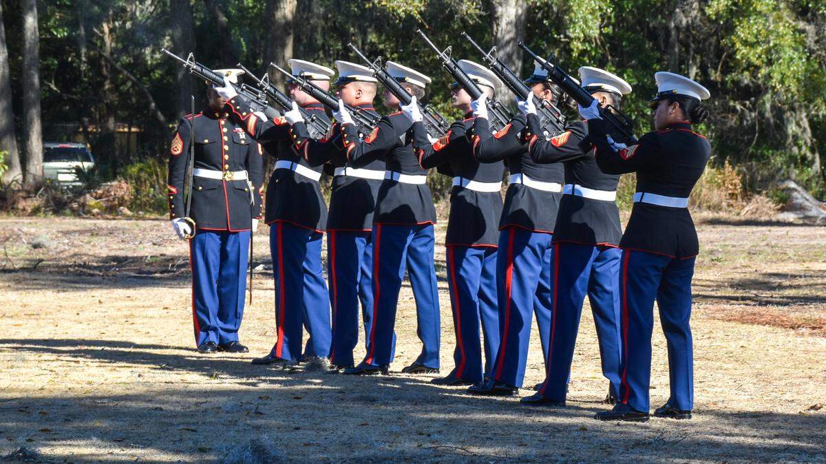 A firing party performs duties of the military funeral honors ceremony for 12-year Marine Veteran Eric Albertson on Wed., Jan. 10, 2024 at Beaufort National Cemetery. Alberston was killed by a hit-and-run driver on Dec. 27, 2023 in Ridgeland, S.C.
