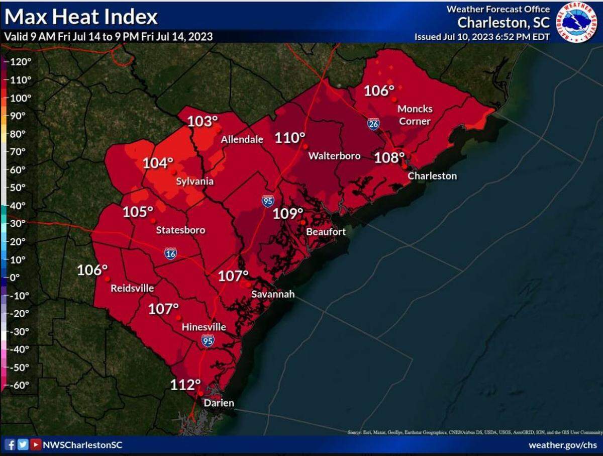 The National Weather Service’s Charleston Office said Beaufort County could have a heat index as high as 112 on Saturday and Sunday.