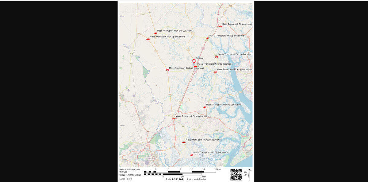 Screenshot of Jasper County Emergency Services pick up route and shelter.