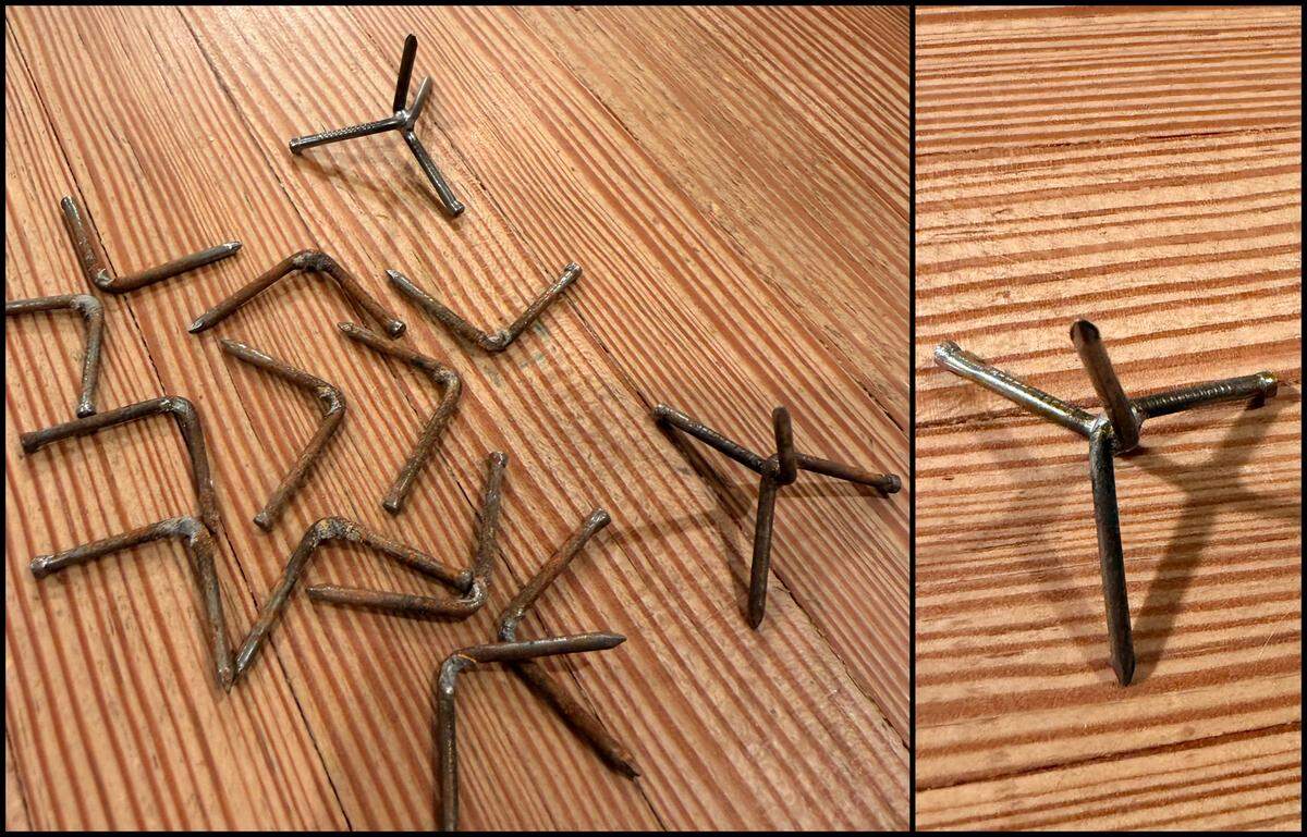 A mother in the Bluffton area said these bent nails, some of which were welded together to stand upright, were maliciously placed on her neighborhood’s public paths to pop children’s e-bike tires in March 2025. Residents in the Heritage Lakes neighborhood combed the pathways to find about a dozen of the bent nails, which were turned over to police.