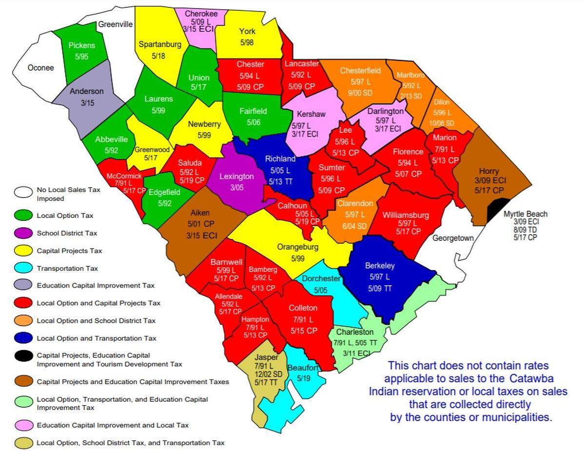A S.C. Department of Revenue map of South Carolina local tax designations by county effective May 1, 2019.