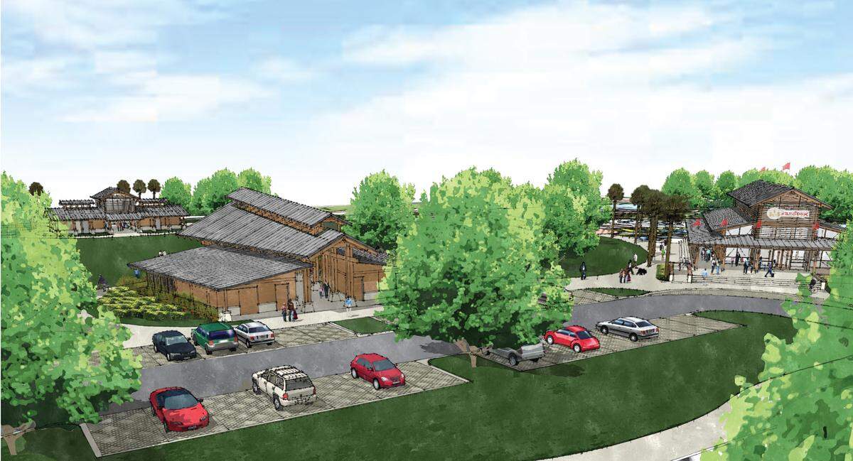An aerial view illustrating the conceptual architecture of the future “Lowcountry Celebration Park” near Coligny and Pope Avenue on Hilton Head Island. In the foreground is the the pavilion, restrooms and drop off area at the far left and a children’s museum is seen on the right side of the drawing.
