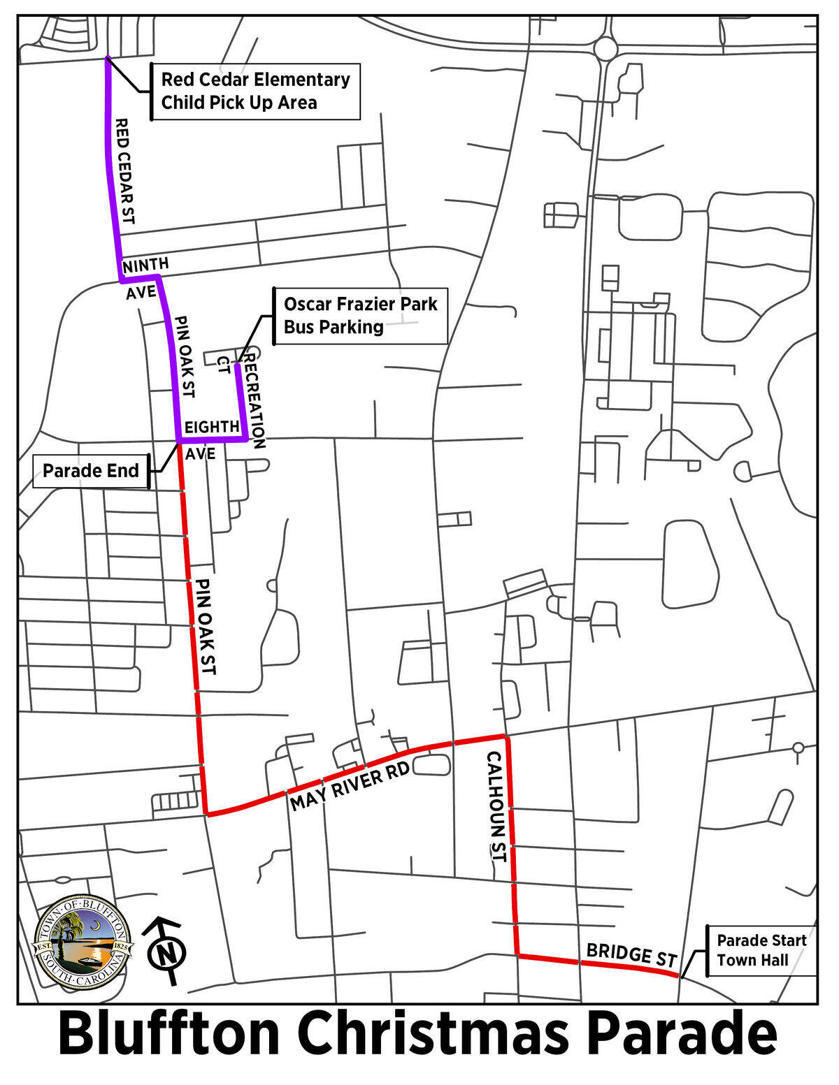 The Town of Bluffton shared the Bluffton Christmas Parade’s route map. Parade-goers won’t be able to park on any street along the parade route and Bluffton Police Department will close streets, beginning at 8 a.m., Saturday, Dec. 1