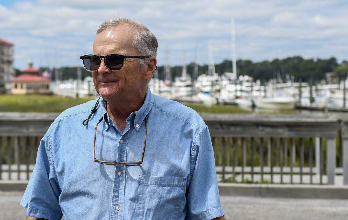 Russell Patterson, a resident of Hilton Head Island, speaks to the media on Sept. 10, 2025, at the Cross Island Boat Landing on Hilton Head Island. Patterson, a mariner and a private citizen, started a non-profit to raise funds to remove abandoned boats from the island’s waterways.