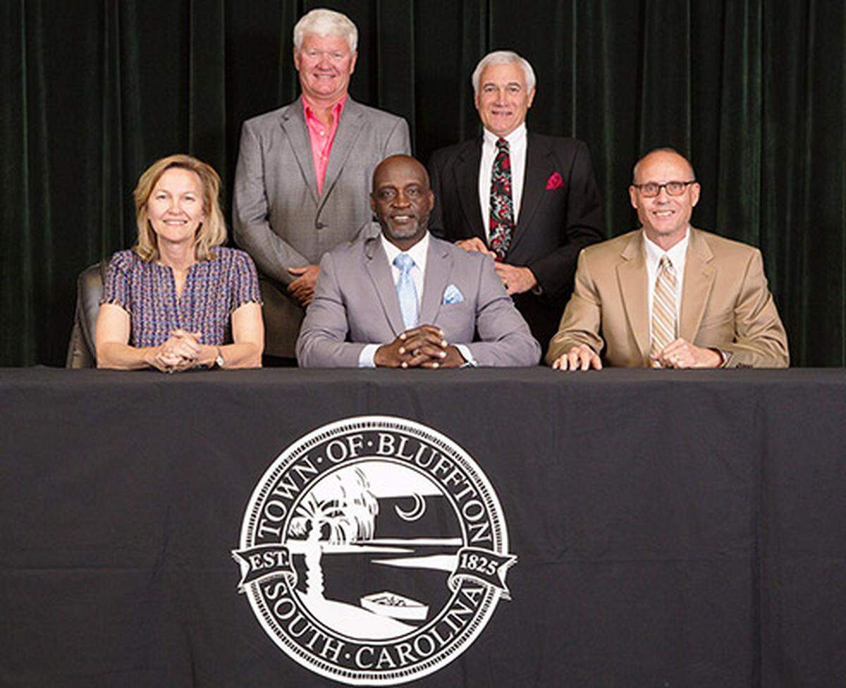Bluffton Town Council members are pictured. Sitting (L to R): Lisa Sulka, Fred Hamilton, Dan Wood. Standing (L to R): Larry Toomer, Harry Lutz. In 2019, Bridgette Frazier (not pictured) was elected to Council, replacing Lutz. Sulka is currently serving her fourth term as mayor