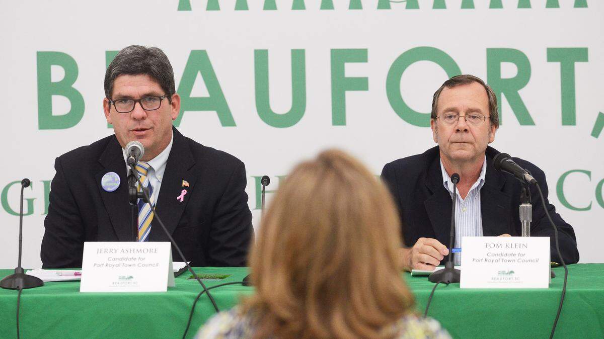 File: Port Royal town council candidate Jerry Ashmore speaks as candidate and incumbent Tom Klein listens during an Oct. 22 candidate forum at Port Royal Elementary School. 