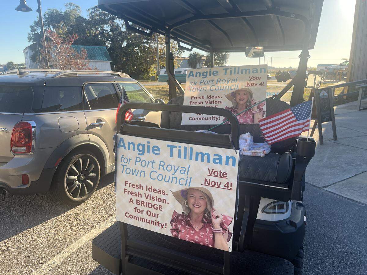 A golf cart with Angie Tillman campaign signs was parked along Paris Avenue on election day Tuesday.
