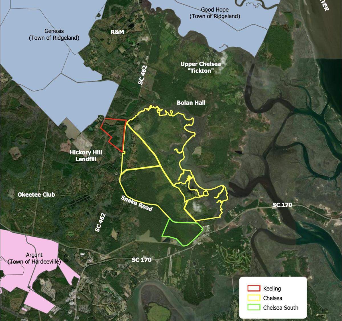 Ridgeland officials will vote April 4 on plans to acquire about 3,000 acres of unincorporated rural land, made up of three separate tracts: Chelsea North, Chelsea South and Chelsea West. The west tract, owned by Missouri-based company Keeling Land & Cattle, makes the annexation possible by serving as a bridge between town limits and the rest of the property.