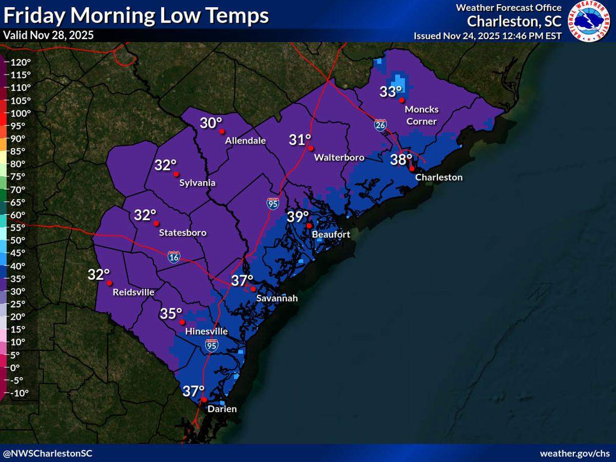 Latest temperature forecast for Black Friday 2025, issued at 12:46 p.m. on Nov. 24 by the National Weather Service Charleston Office.