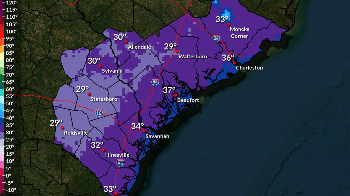 The NWS Charleston office states that temperatures on Monday night heading into Tuesday morning will bring a record low for the area. Temperature forecast as of 7:43 a.m. on Nov. 7, 2025.