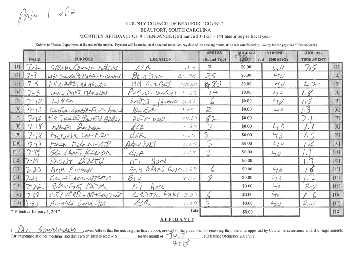 A copy of Beaufort County Council member Paul Sommerville’s meeting reimbursements for July 2018 obtained through the Freedom of Information Act.