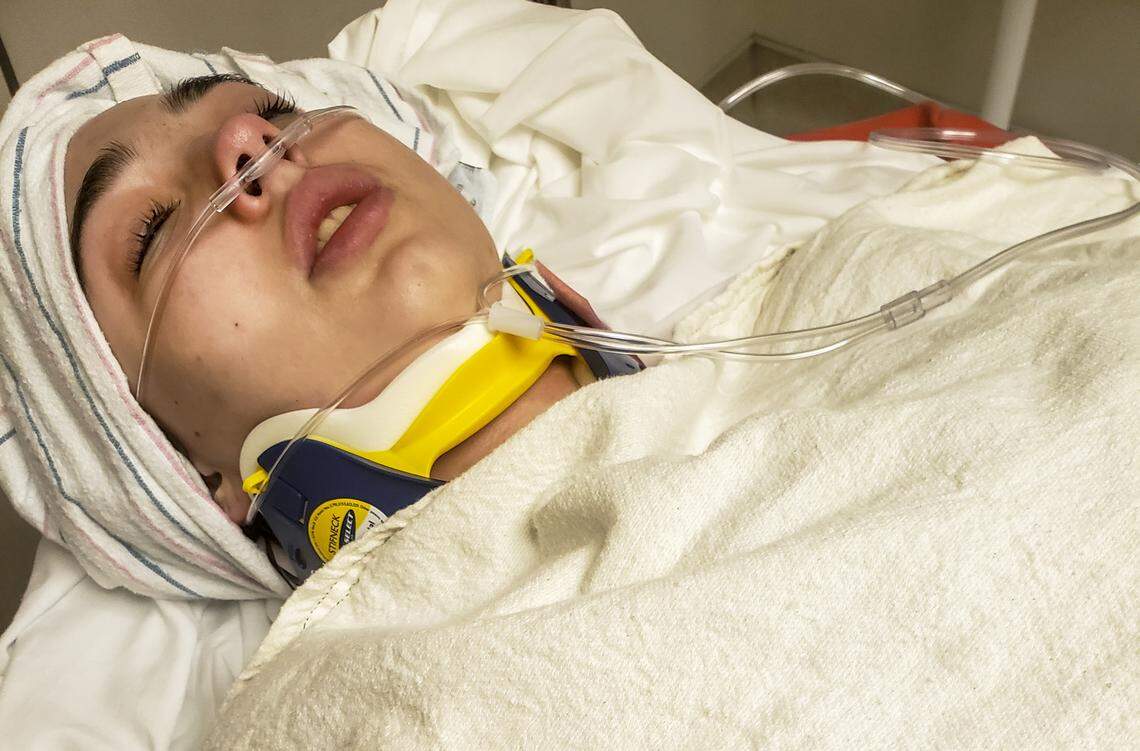 This submitted photo shows Bluffton teen Kaytlyn Pierce at the hospital in a protective neck brace after her 2019 car accident where another driver, Dulvin Garcia Roblero, crossed the center line striking Pierce’s car head-on. Garcia Roblero was later charged with driving under the influence, his second offense.