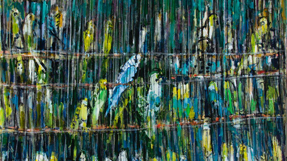 “Bird Land” 2021, mixed media on canvass, currently on display at Camillia Gallery in Hilton Head, S.C.